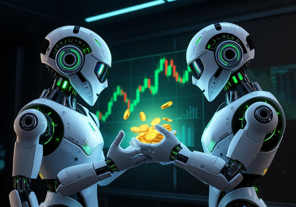Robots with holographic charts and coins
