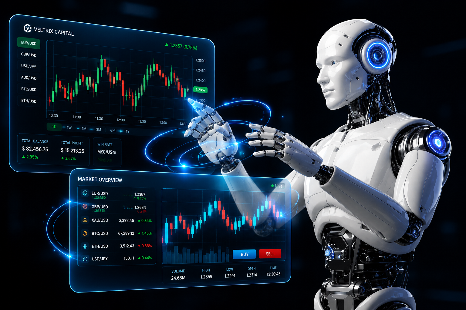 AI trading robot holding a gold coin