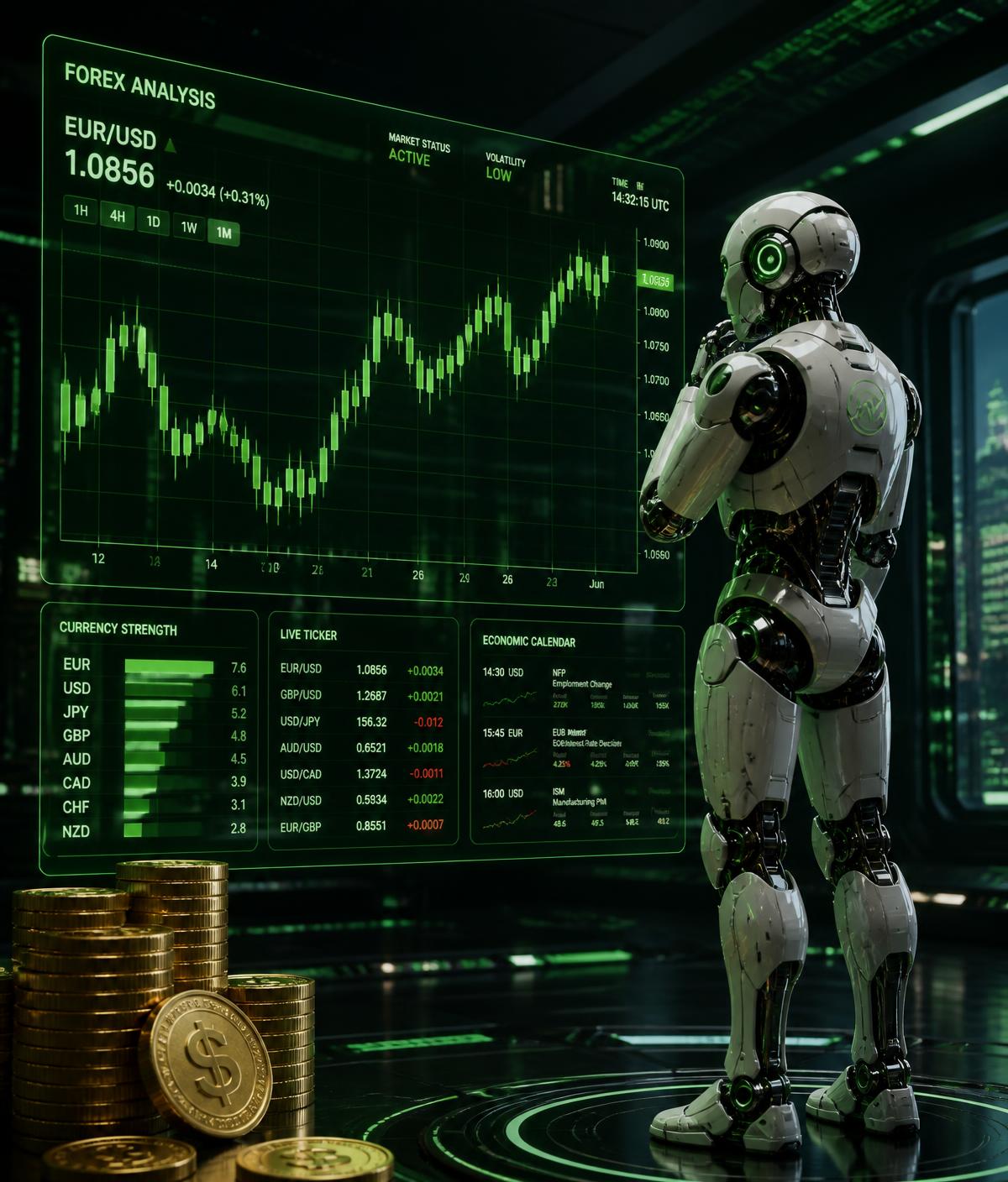 Robot analysing forex charts with gold coins